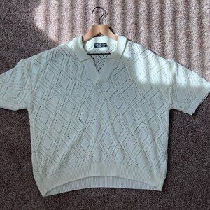 Boohoo Mens SHORT SLEEVE BOXY FIT REVERE OPEN KNIT POLO - CREAM USED SMALL